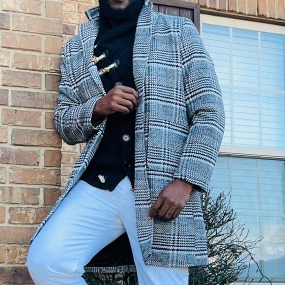 Mens Winter Trench Coat Notched Collar Single Breasted Plaid Mid Long Dark Grey - Picture 7 of 10